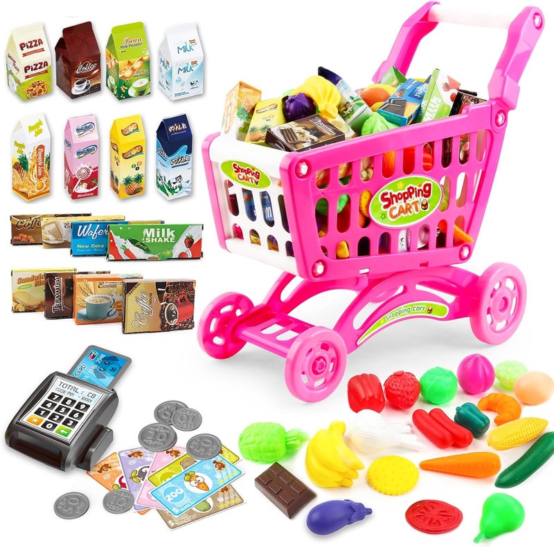 deAO Kids Shopping Cart Trolley for Groceries Toddlers 65 Food Fruit Vegetables Pretend Play Food Role Play Educational Toy Play Kitchen Toys Store Playset (Pink) - Image 1